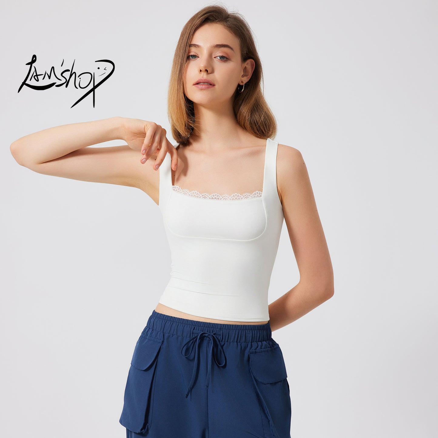 Lamshop beautiful back sports vest women's nude lace yoga clothes double layer T-shirt outside breathable running fitness top
