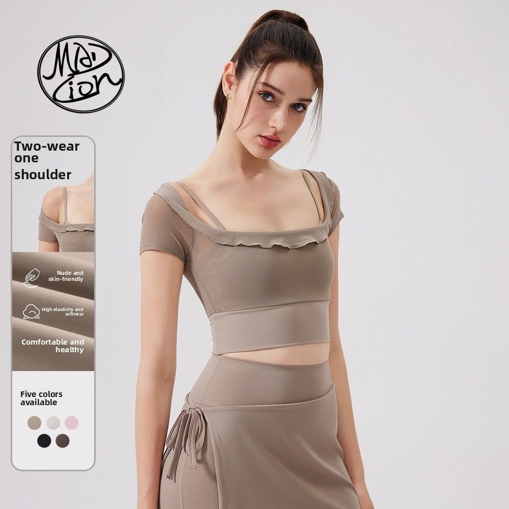 MAD LION pure desire wind lace mesh yoga clothes short sleeves with chest pads running quick drying sports bra one cup fitness clothes