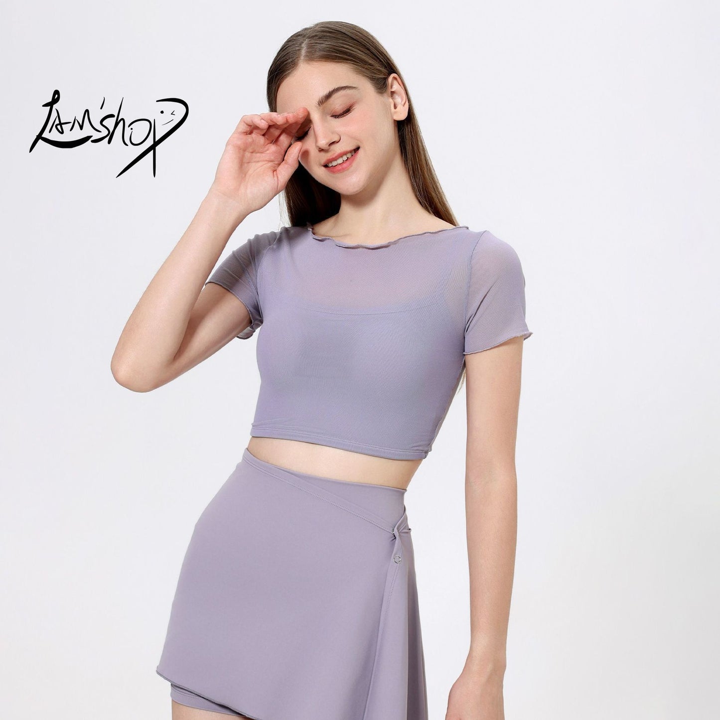 Lamshop fake two-piece mesh sports T-shirt women's short sleeves with chest pads, yoga clothes, navel tops, quick-drying and thin fitness