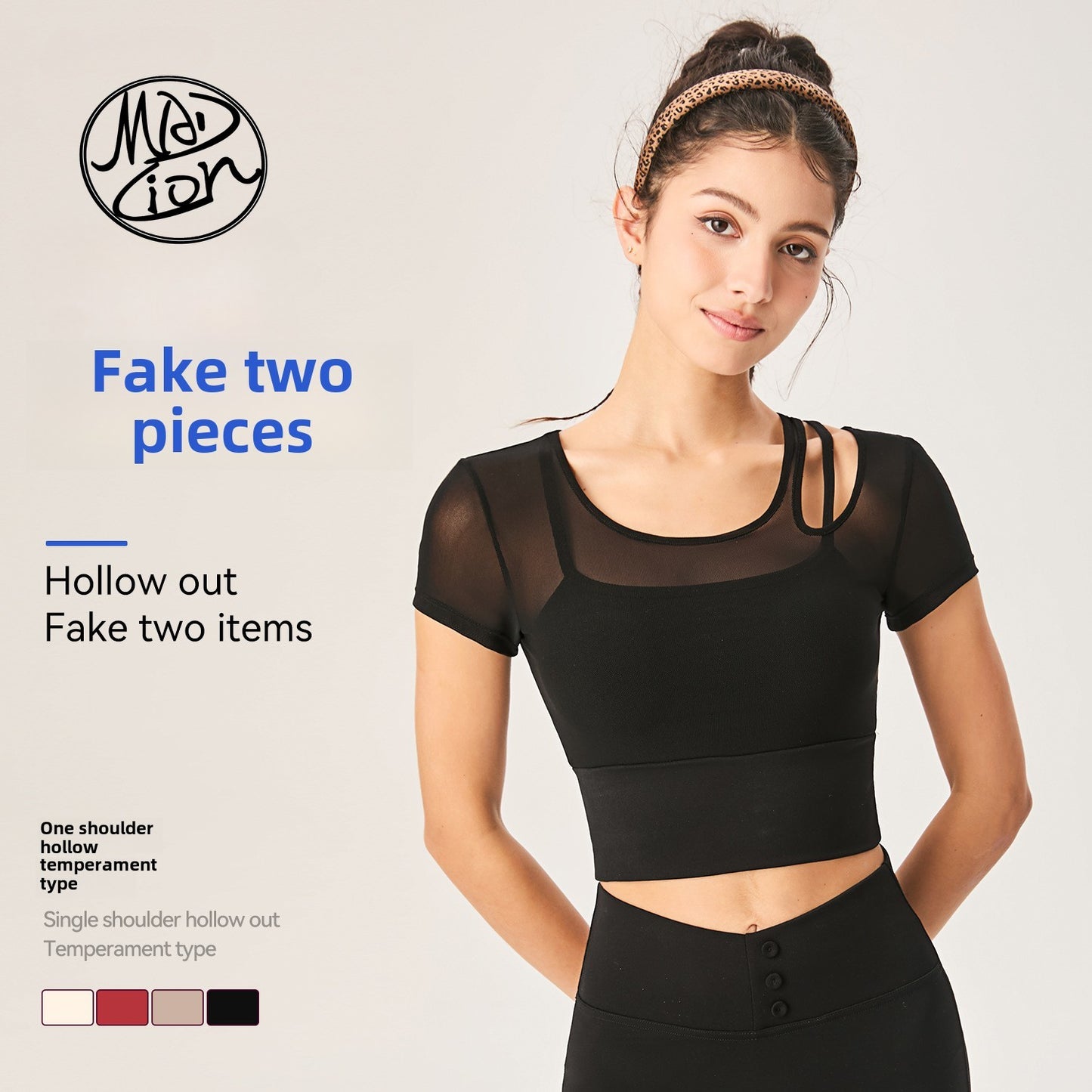 Lamshop's new hollowed-out waist mesh yoga short-sleeved indoor and outdoor sports quick-drying fake two fashionable versatile fitness tops