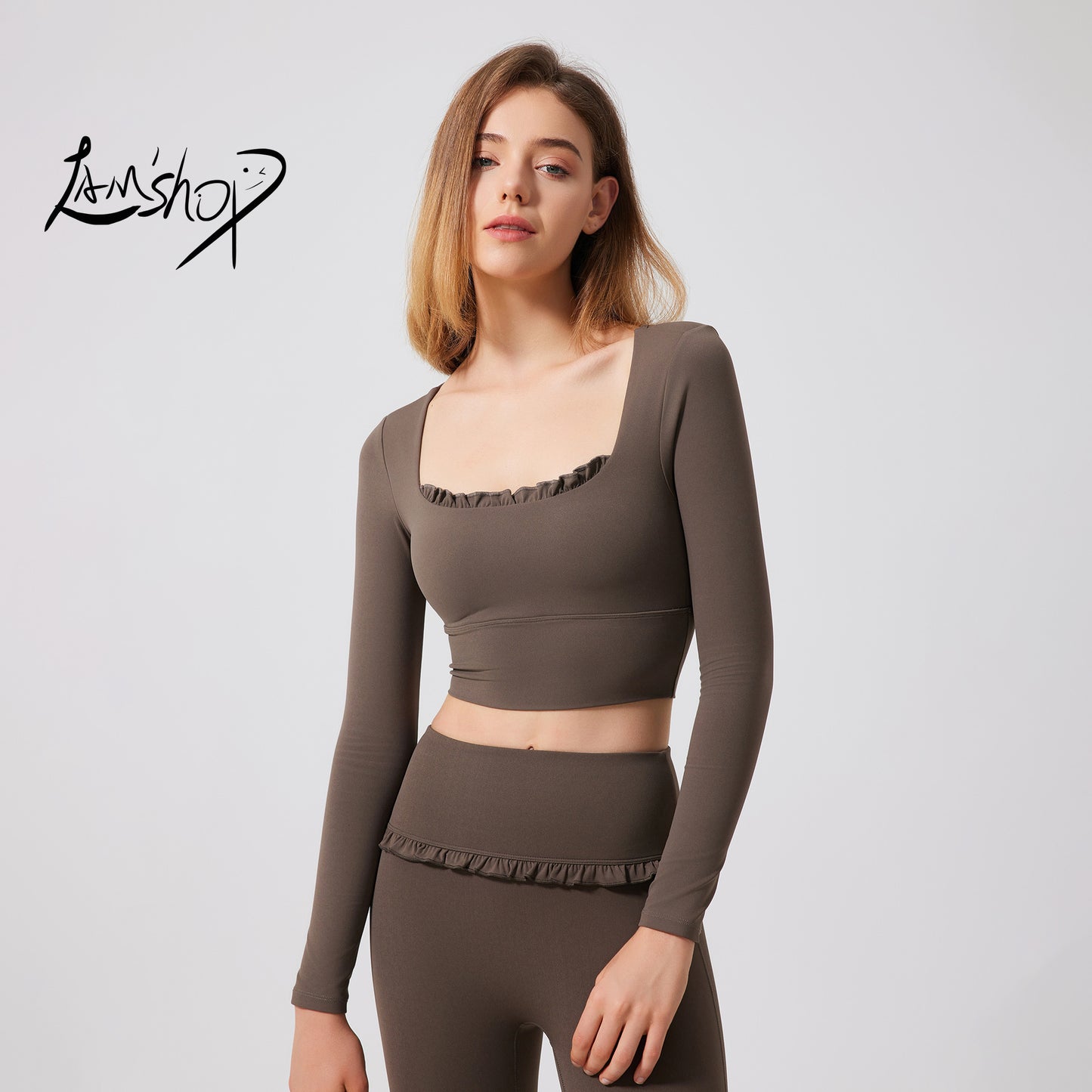 Lamshop autumn and winter nude lace yoga clothes long sleeves semi-fixed cup running slim sports bra breathable gym clothes top