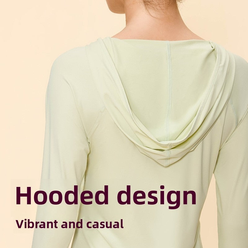 Lamshop's new sunscreen hooded long-sleeved waist and thin hip-covering fitness sports outdoor breathable running top