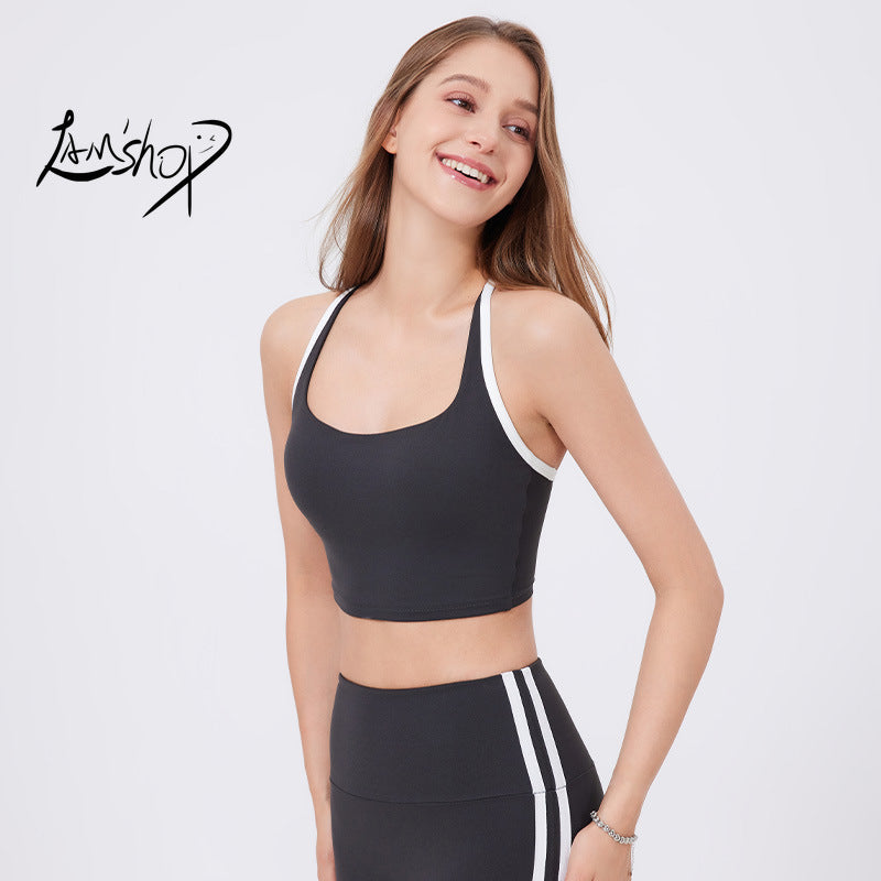 Lamshop Nude Feel Yoga Clothes Bra Adjustable Spaghetti Strap Fitness American Hot Girl One-Piece Cup Quick-Drying Breathable Exercise Vest