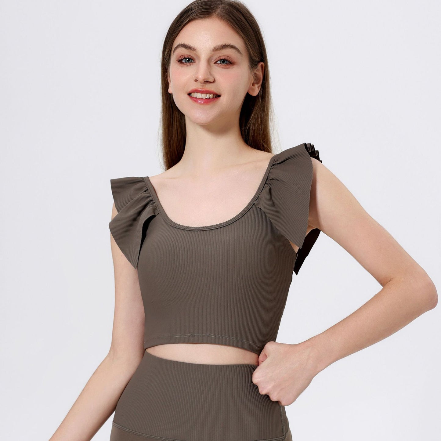Lamshop outer wear sports beauty back fixed cup lace sleeves gathered belly thin yoga clothes fitness clothes underwear