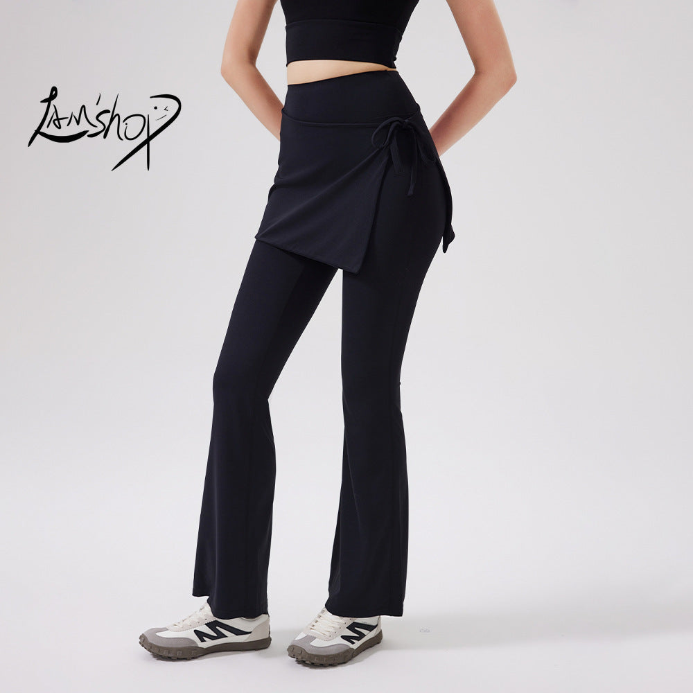 Lamshop two-piece set high waist cool antibacterial nude yoga pants fart curtain wear running pants breathable fitness flared pants