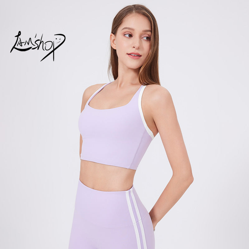 Lamshop Nude Feel Yoga Clothes Bra Adjustable Spaghetti Strap Fitness American Hot Girl One-Piece Cup Quick-Drying Breathable Exercise Vest
