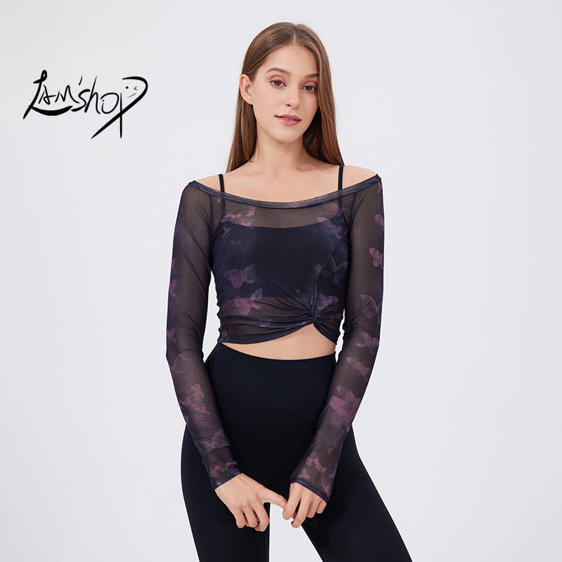 Lamshop flower butterfly fake two-piece sports T-shirt women's long sleeves, chest pad, yoga clothes, mesh top, quick-drying and thin fitness clothes