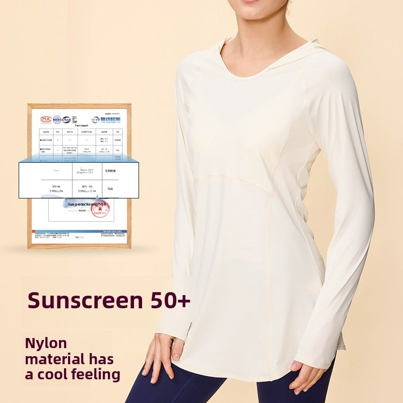 Lamshop's new sunscreen hooded long-sleeved waist and thin hip-covering fitness sports outdoor breathable running top