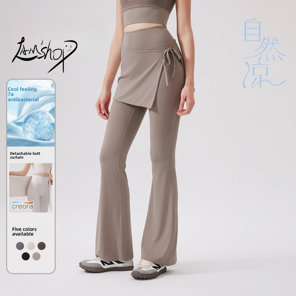 Lamshop two-piece set high waist cool antibacterial nude yoga pants fart curtain wear running pants breathable fitness flared pants