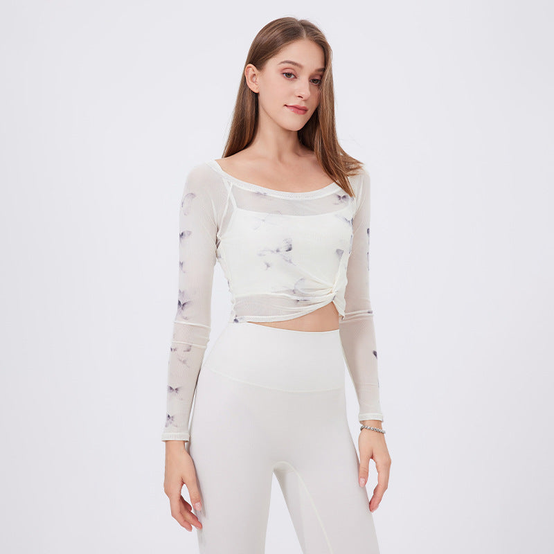 Lamshop flower butterfly fake two-piece sports T-shirt women's long sleeves, chest pad, yoga clothes, mesh top, quick-drying and thin fitness clothes