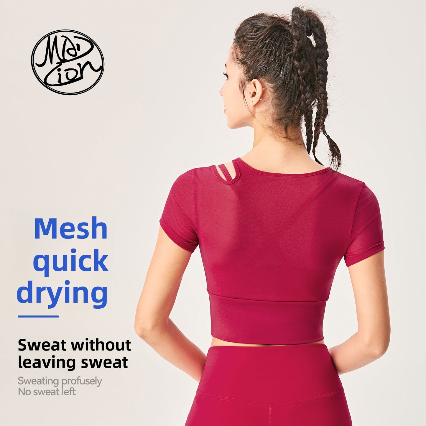 Lamshop's new hollowed-out waist mesh yoga short-sleeved indoor and outdoor sports quick-drying fake two fashionable versatile fitness tops