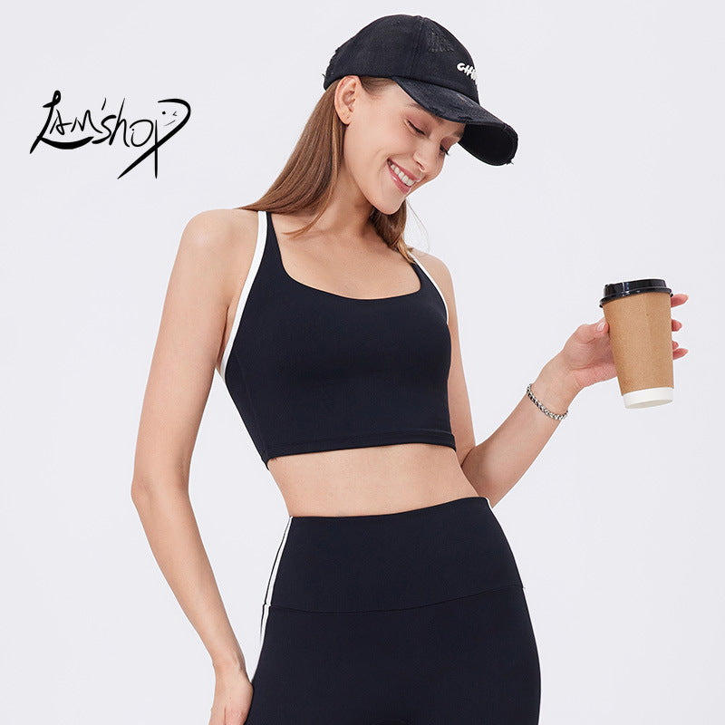Lamshop Nude Feel Yoga Clothes Bra Adjustable Spaghetti Strap Fitness American Hot Girl One-Piece Cup Quick-Drying Breathable Exercise Vest