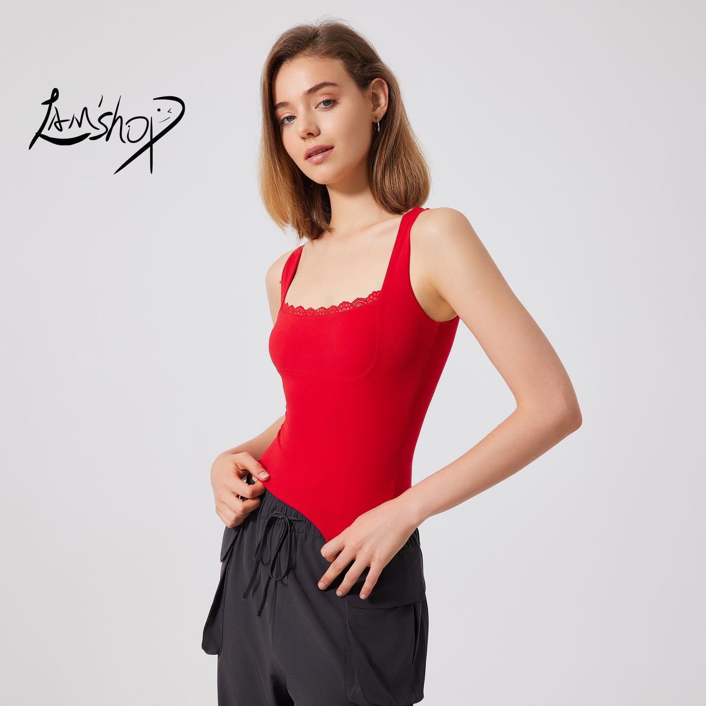 Lamshop beautiful back sports vest women's nude lace yoga clothes double layer T-shirt outside breathable running fitness top