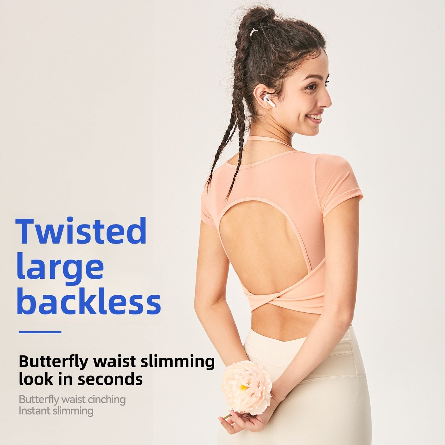 Lamshop new mesh yoga clothes backless breathable and thin fitness outdoor sports clothes Pilates yoga quick-drying short sleeves