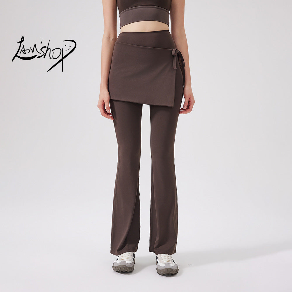 Lamshop two-piece set high waist cool antibacterial nude yoga pants fart curtain wear running pants breathable fitness flared pants