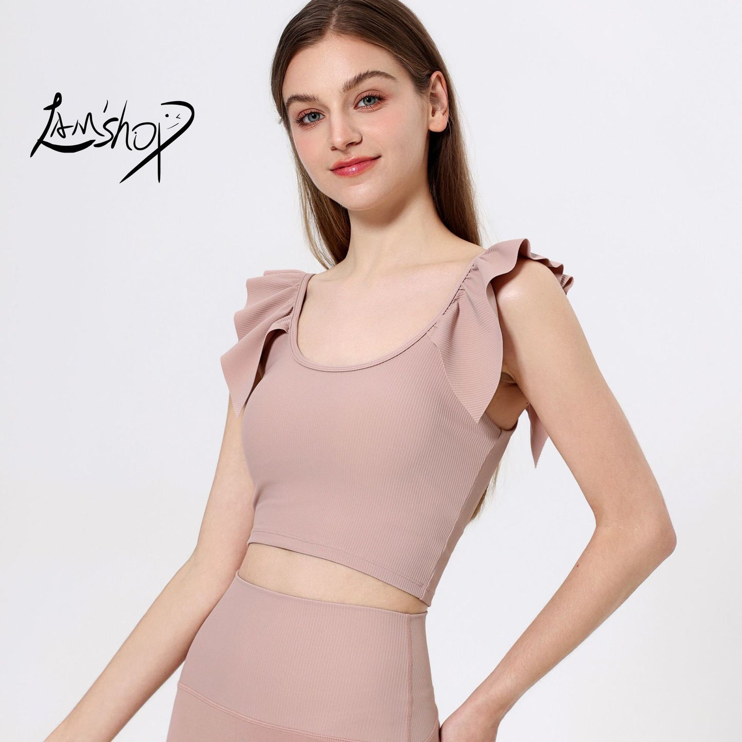 Lamshop outer wear sports beauty back fixed cup lace sleeves gathered belly thin yoga clothes fitness clothes underwear