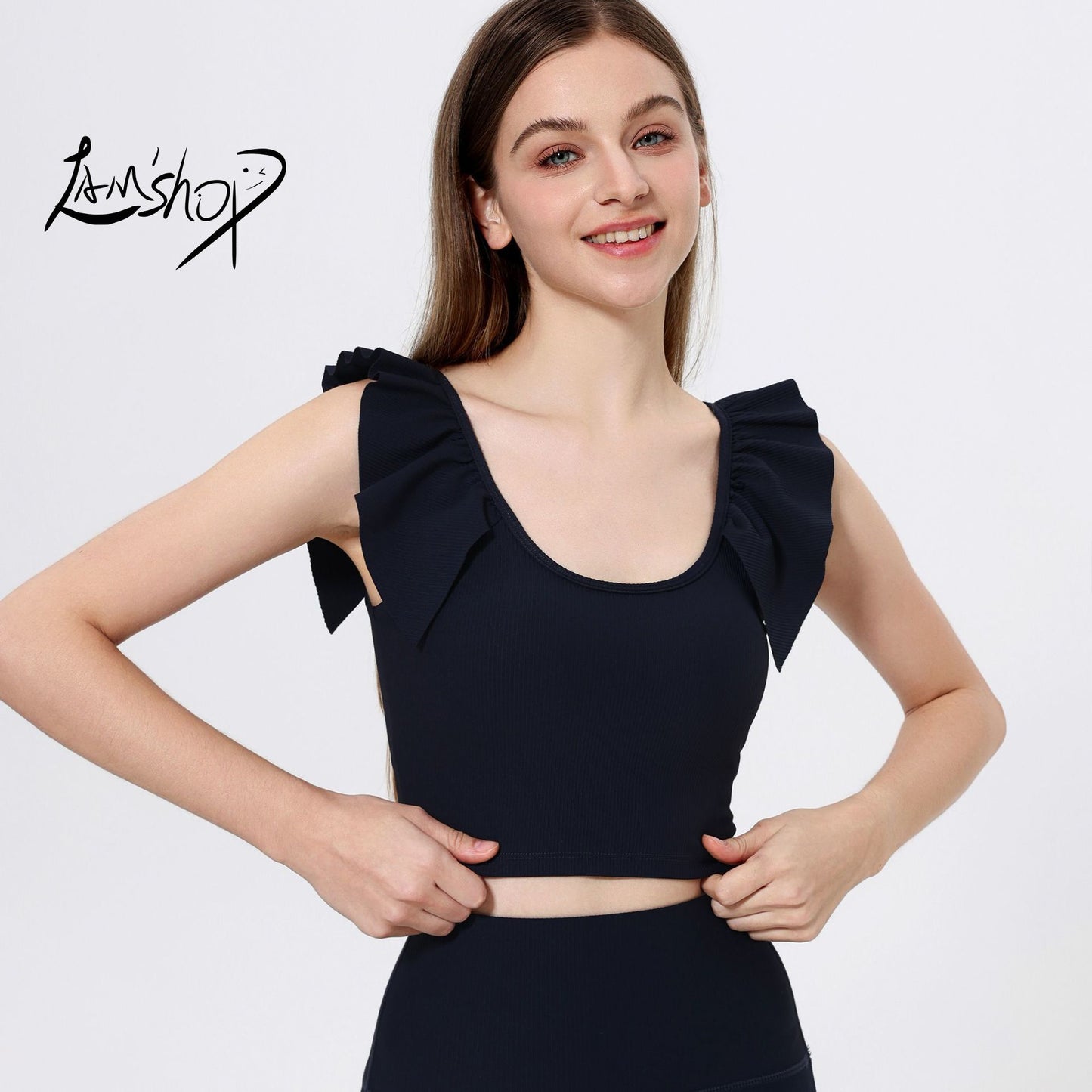 Lamshop outer wear sports beauty back fixed cup lace sleeves gathered belly thin yoga clothes fitness clothes underwear