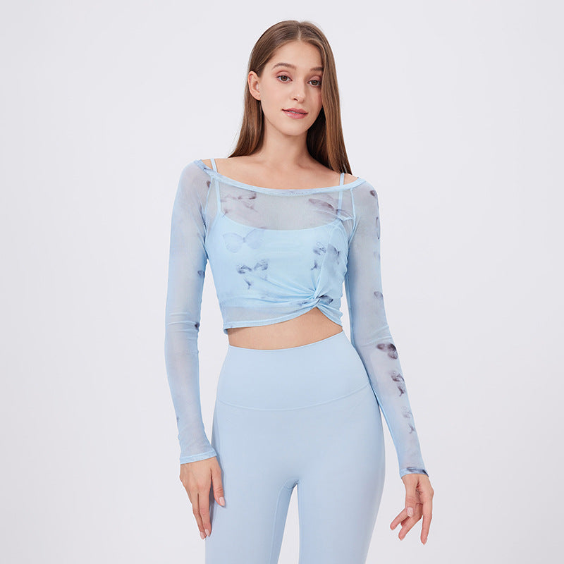Lamshop flower butterfly fake two-piece sports T-shirt women's long sleeves, chest pad, yoga clothes, mesh top, quick-drying and thin fitness clothes