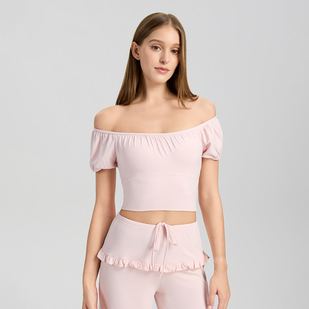 Mad lion bud sleeve off-shoulder yoga top with built-in bra - short sleeve, quick-dry activewear for running and fitness