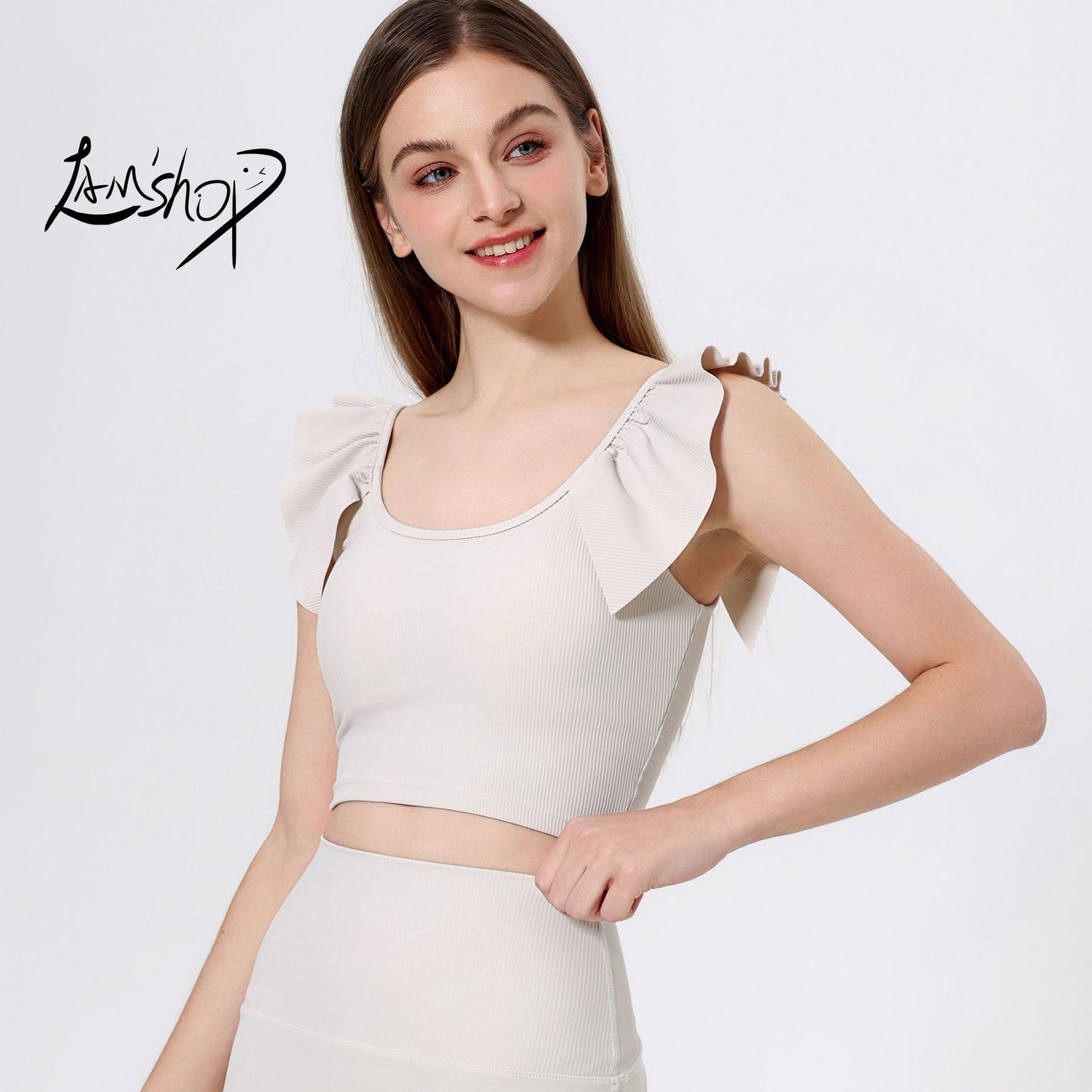 Lamshop outer wear sports beauty back fixed cup lace sleeves gathered belly thin yoga clothes fitness clothes underwear