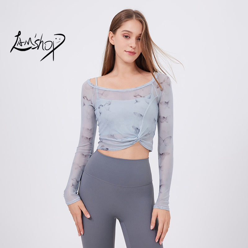 Lamshop flower butterfly fake two-piece sports T-shirt women's long sleeves, chest pad, yoga clothes, mesh top, quick-drying and thin fitness clothes