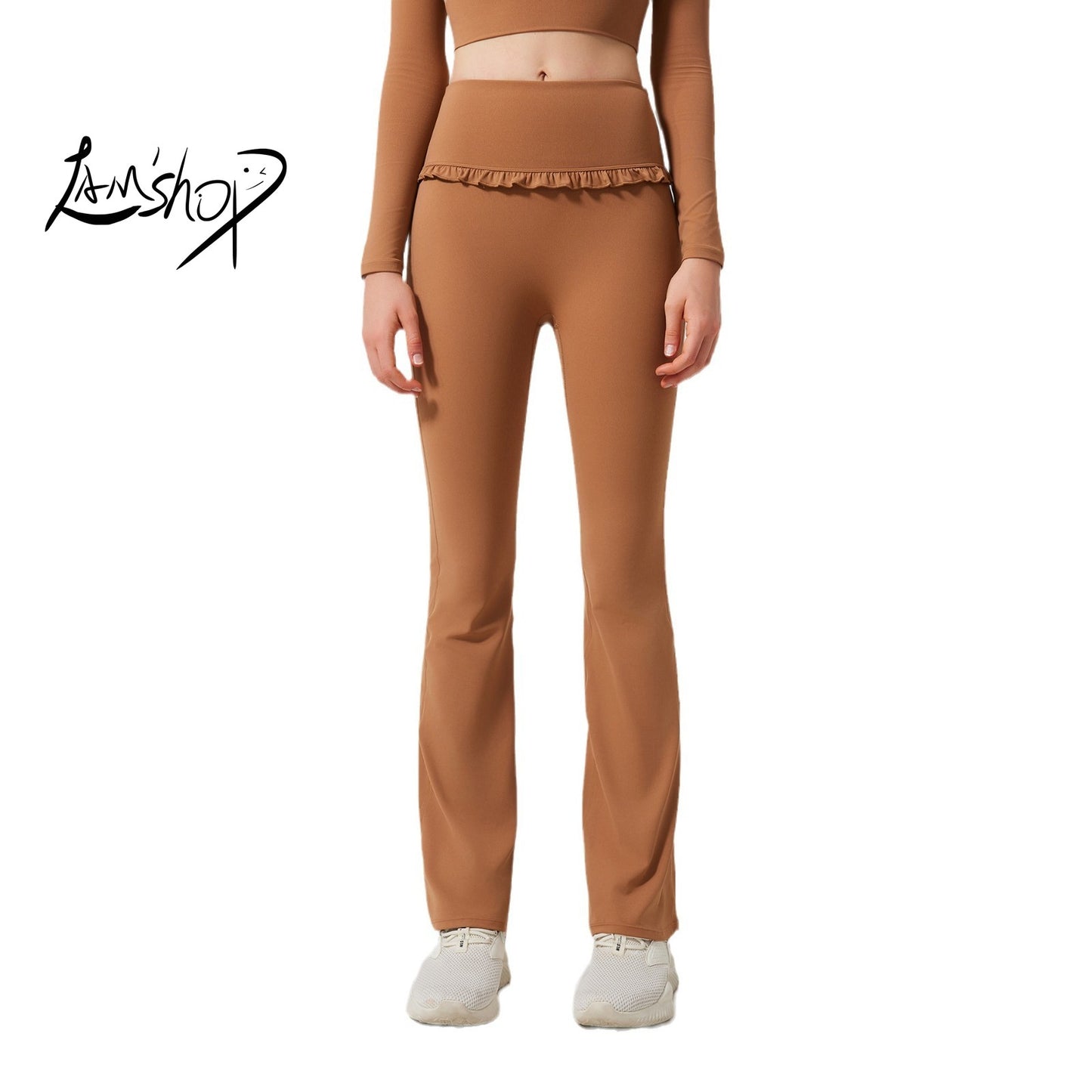 Lamshop ruffle edge slightly pulled yoga pants women's high waist and thin sports flared pants slim and breathable casual fitness trousers