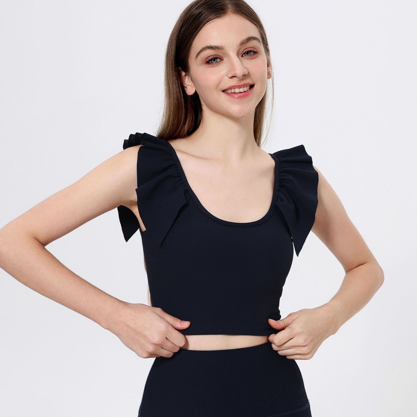 Lamshop outer wear sports beauty back fixed cup lace sleeves gathered belly thin yoga clothes fitness clothes underwear