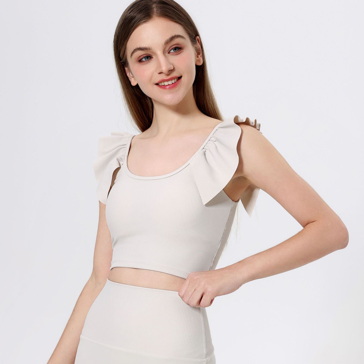Lamshop outer wear sports beauty back fixed cup lace sleeves gathered belly thin yoga clothes fitness clothes underwear