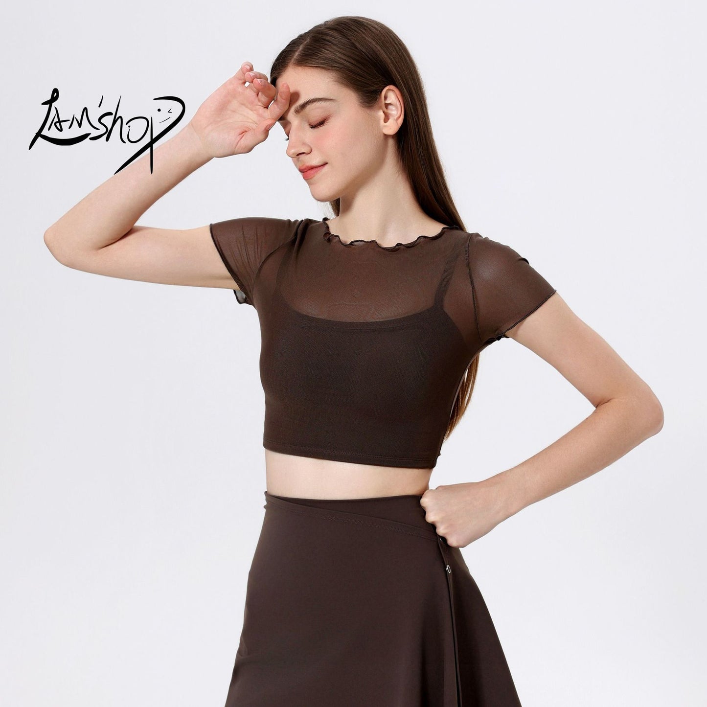 Lamshop fake two-piece mesh sports T-shirt women's short sleeves with chest pads, yoga clothes, navel tops, quick-drying and thin fitness