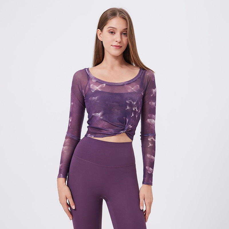 Lamshop flower butterfly fake two-piece sports T-shirt women's long sleeves, chest pad, yoga clothes, mesh top, quick-drying and thin fitness clothes