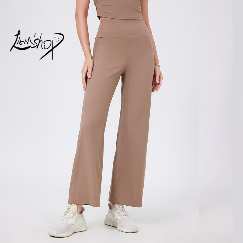 Lamshop high waist belly sports loose straight trousers women's quick-drying running thin fitness pants with pockets nude yoga pants