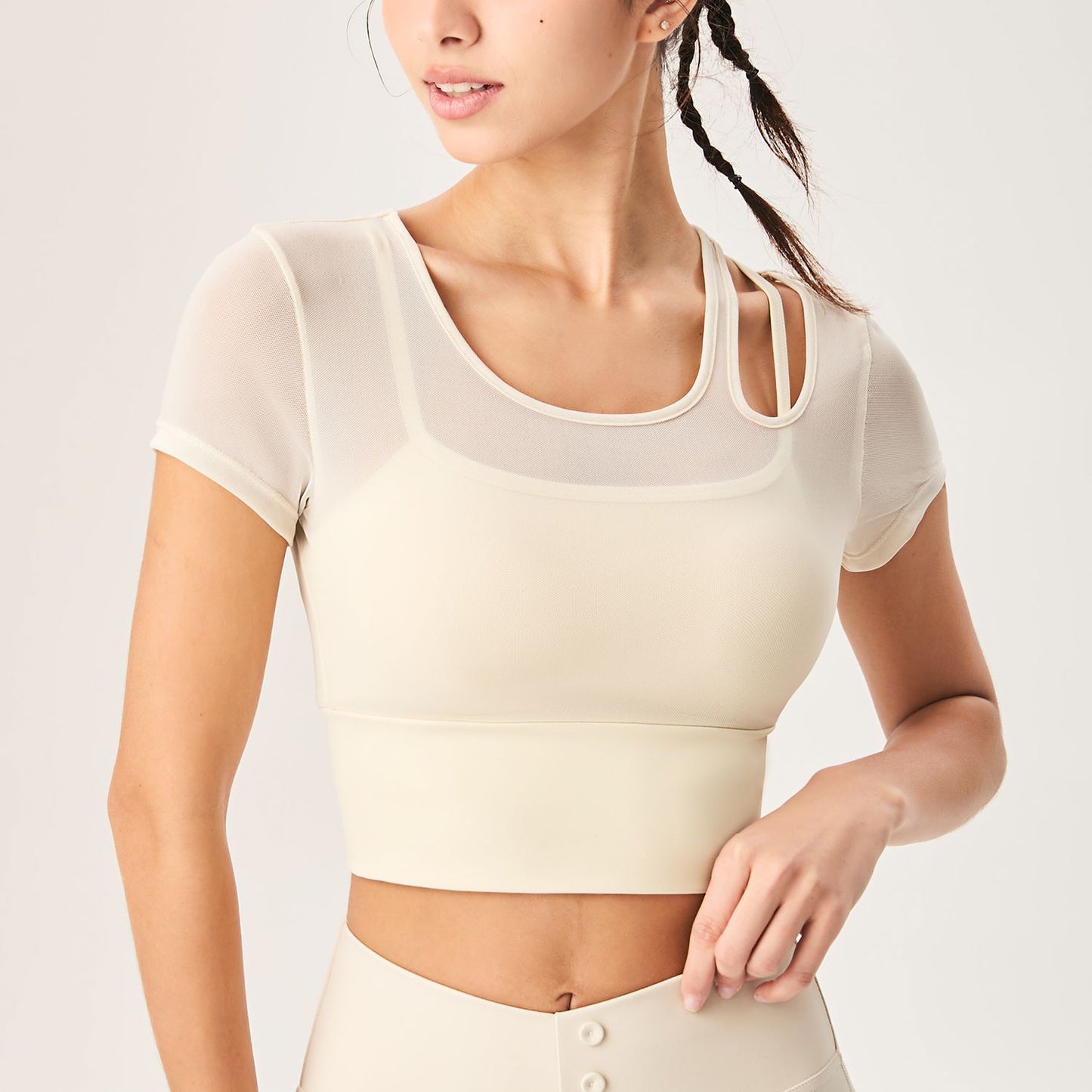 Lamshop's new hollowed-out waist mesh yoga short-sleeved indoor and outdoor sports quick-drying fake two fashionable versatile fitness tops