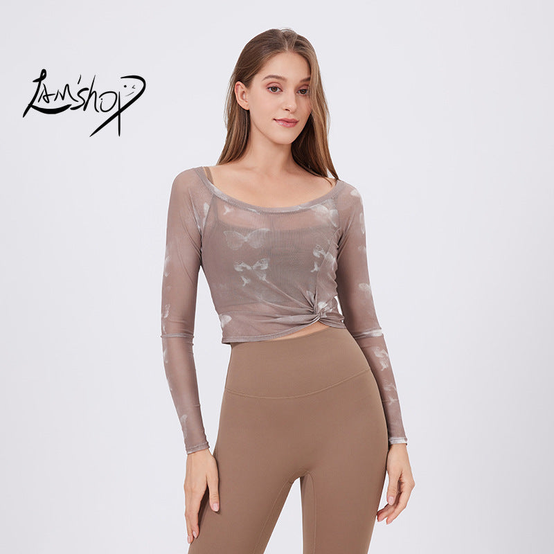 Lamshop flower butterfly fake two-piece sports T-shirt women's long sleeves, chest pad, yoga clothes, mesh top, quick-drying and thin fitness clothes