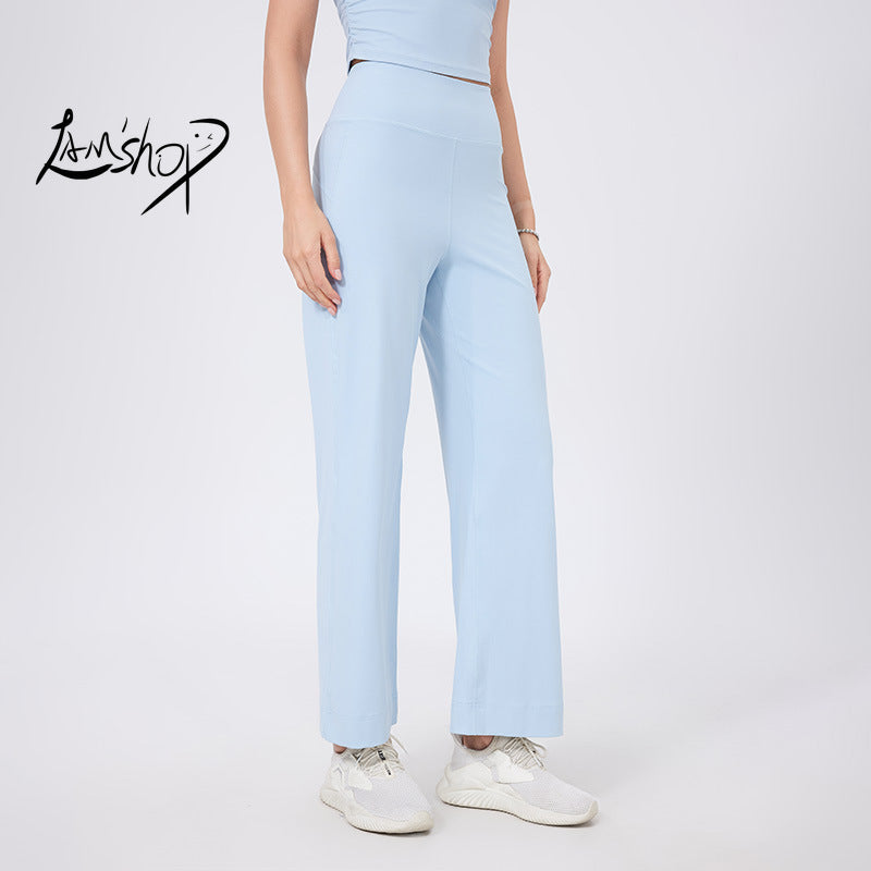 Lamshop high waist belly sports loose straight trousers women's quick-drying running thin fitness pants with pockets nude yoga pants