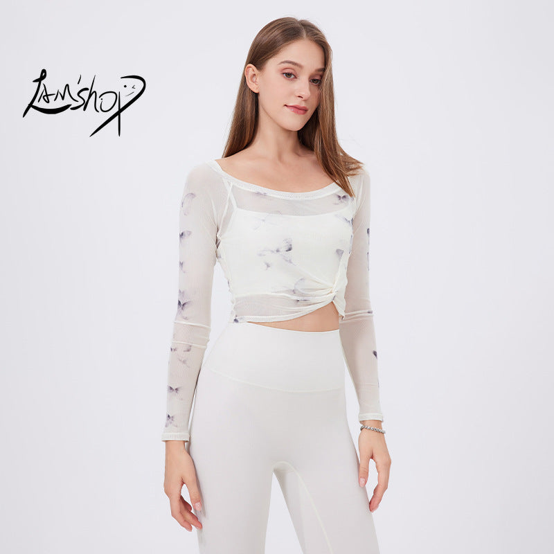 Lamshop flower butterfly fake two-piece sports T-shirt women's long sleeves, chest pad, yoga clothes, mesh top, quick-drying and thin fitness clothes