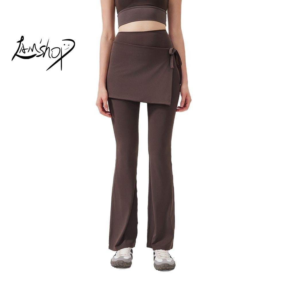 Lamshop two-piece set high waist cool antibacterial nude yoga pants fart curtain wear running pants breathable fitness flared pants