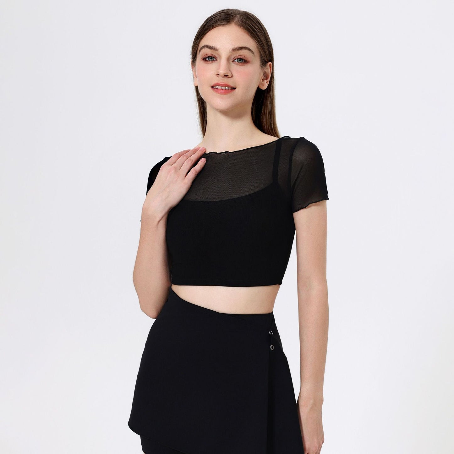 Lamshop fake two-piece mesh sports T-shirt women's short sleeves with chest pads, yoga clothes, navel tops, quick-drying and thin fitness