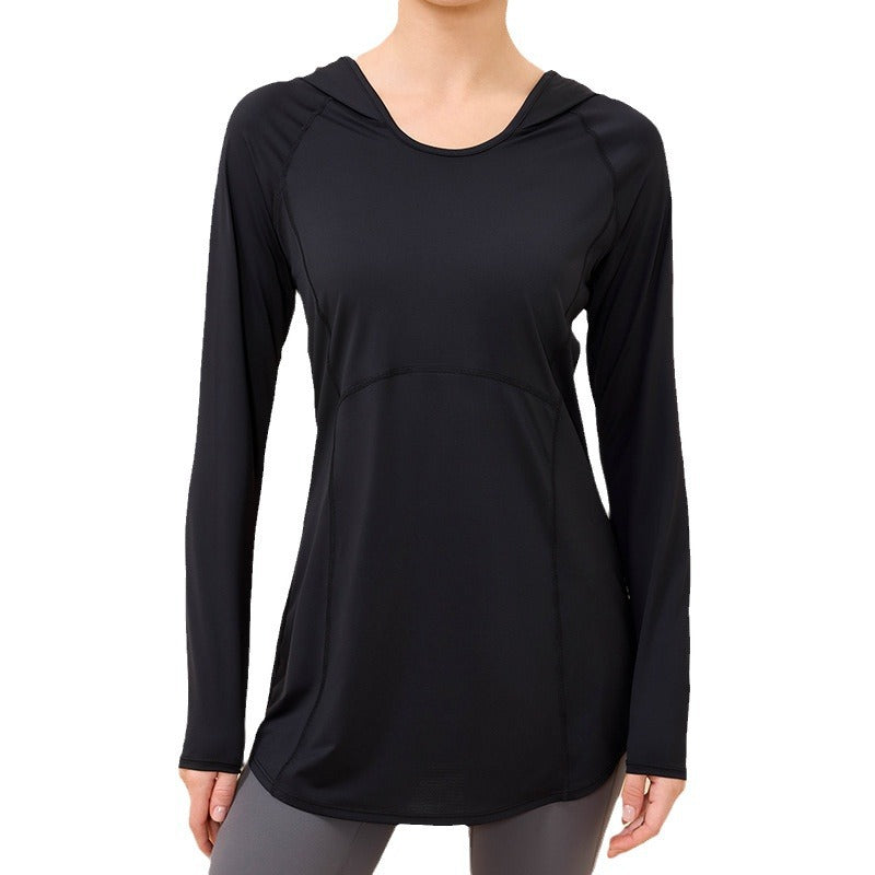 Lamshop's new sunscreen hooded long-sleeved waist and thin hip-covering fitness sports outdoor breathable running top