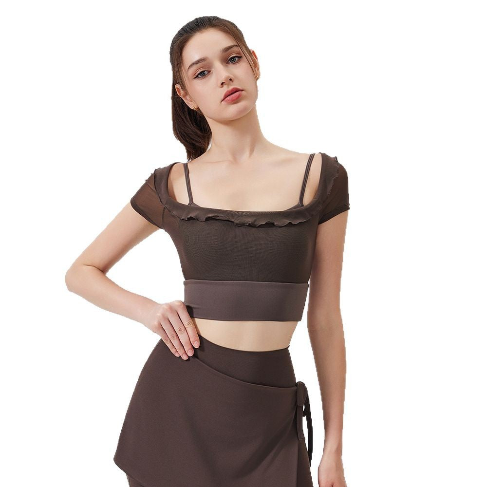 MAD LION pure desire wind lace mesh yoga clothes short sleeves with chest pads running quick drying sports bra one cup fitness clothes
