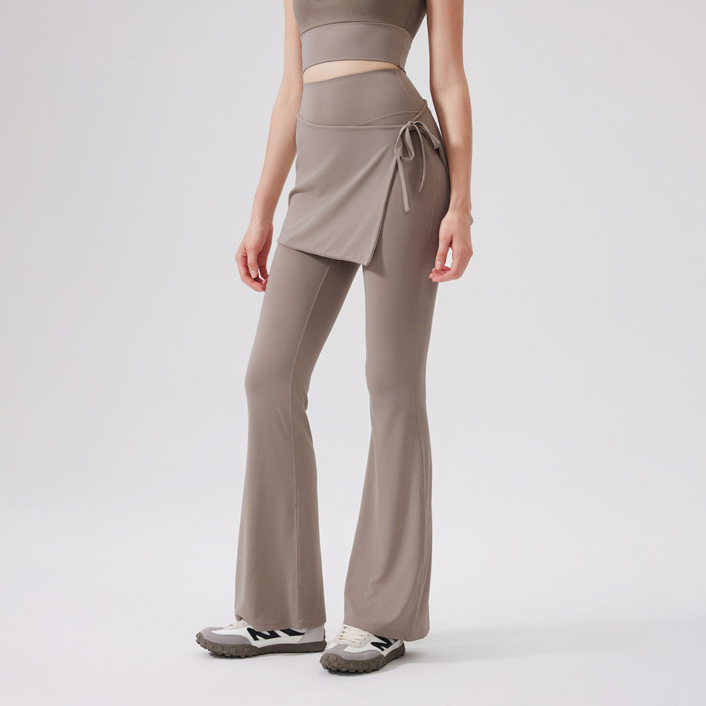 Lamshop two-piece set high waist cool antibacterial nude yoga pants fart curtain wear running pants breathable fitness flared pants