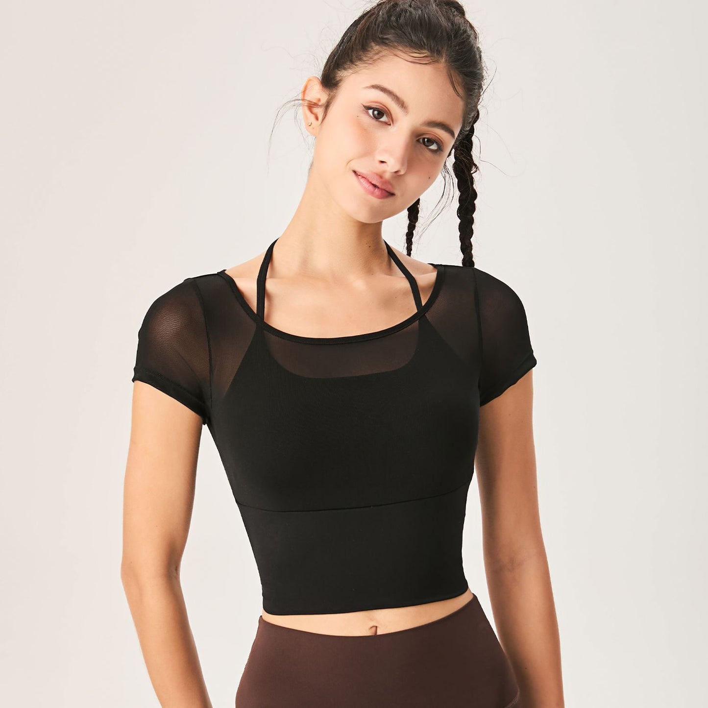 Lamshop new mesh yoga clothes backless breathable and thin fitness outdoor sports clothes Pilates yoga quick-drying short sleeves