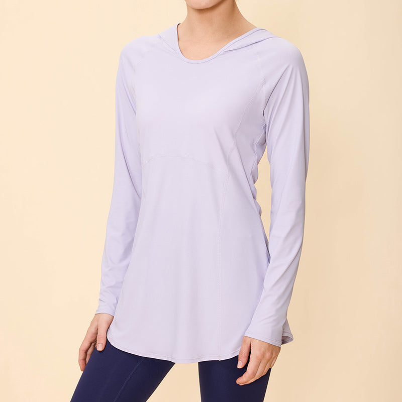 Lamshop's new sunscreen hooded long-sleeved waist and thin hip-covering fitness sports outdoor breathable running top