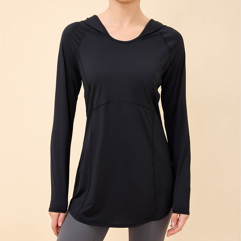 Lamshop's new sunscreen hooded long-sleeved waist and thin hip-covering fitness sports outdoor breathable running top