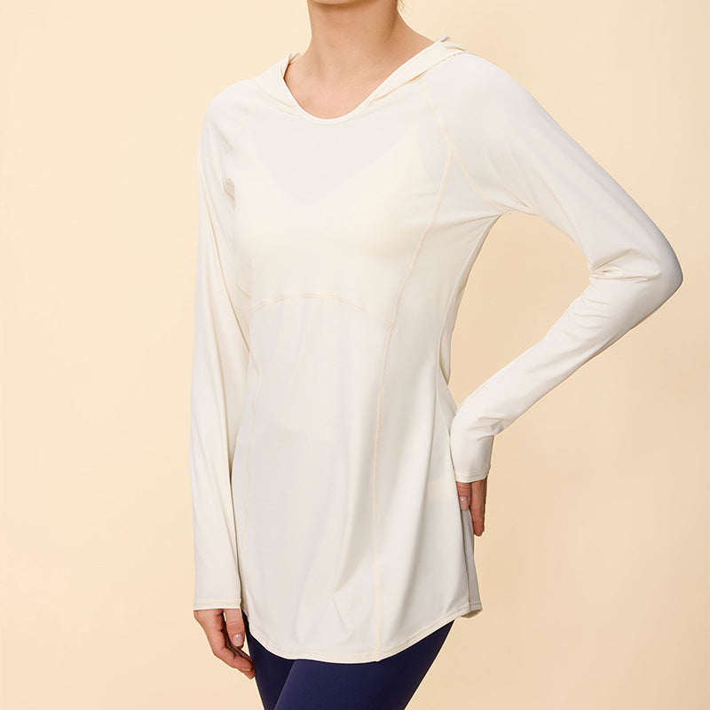 Lamshop's new sunscreen hooded long-sleeved waist and thin hip-covering fitness sports outdoor breathable running top