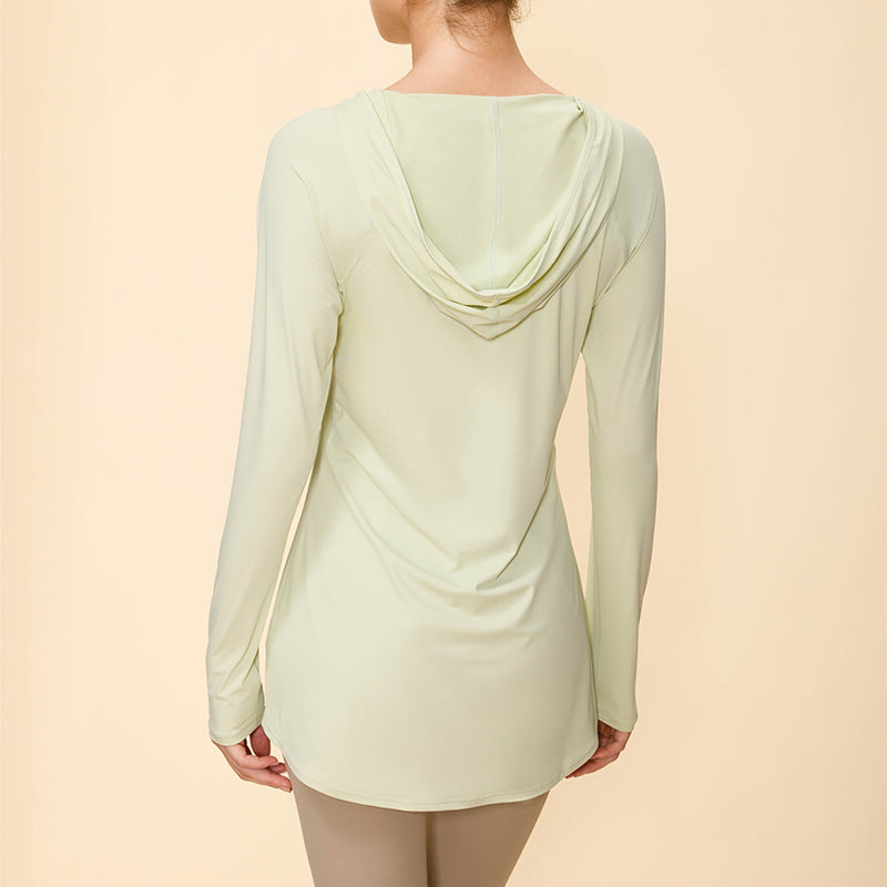 Lamshop's new sunscreen hooded long-sleeved waist and thin hip-covering fitness sports outdoor breathable running top