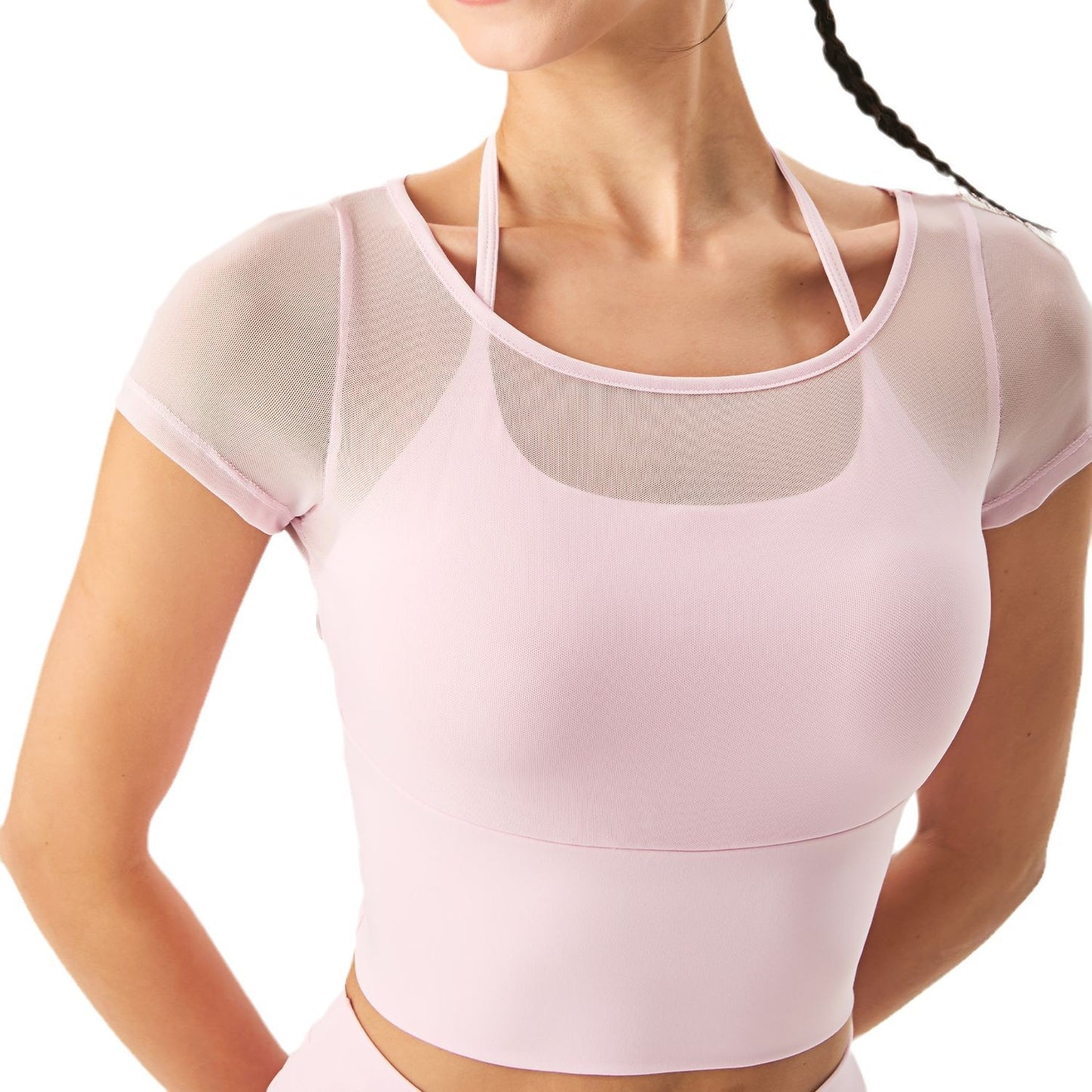 Lamshop new mesh yoga clothes backless breathable and thin fitness outdoor sports clothes Pilates yoga quick-drying short sleeves