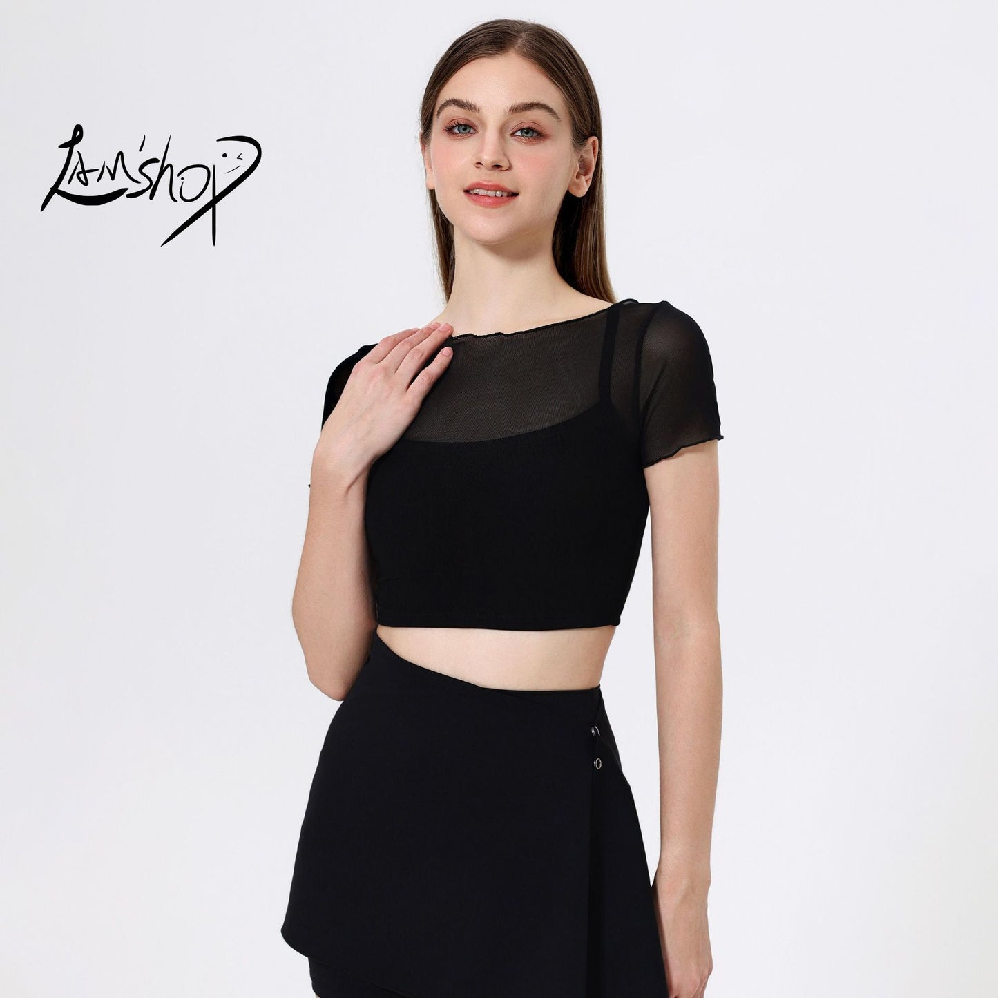 Lamshop fake two-piece mesh sports T-shirt women's short sleeves with chest pads, yoga clothes, navel tops, quick-drying and thin fitness