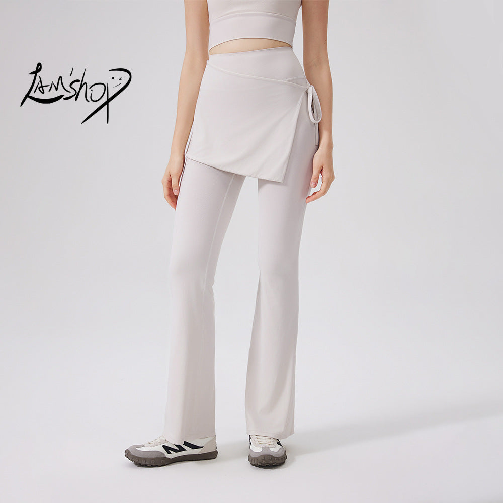 Lamshop two-piece set high waist cool antibacterial nude yoga pants fart curtain wear running pants breathable fitness flared pants