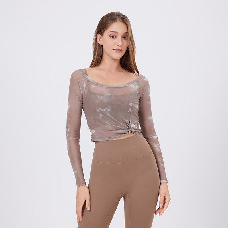 Lamshop flower butterfly fake two-piece sports T-shirt women's long sleeves, chest pad, yoga clothes, mesh top, quick-drying and thin fitness clothes