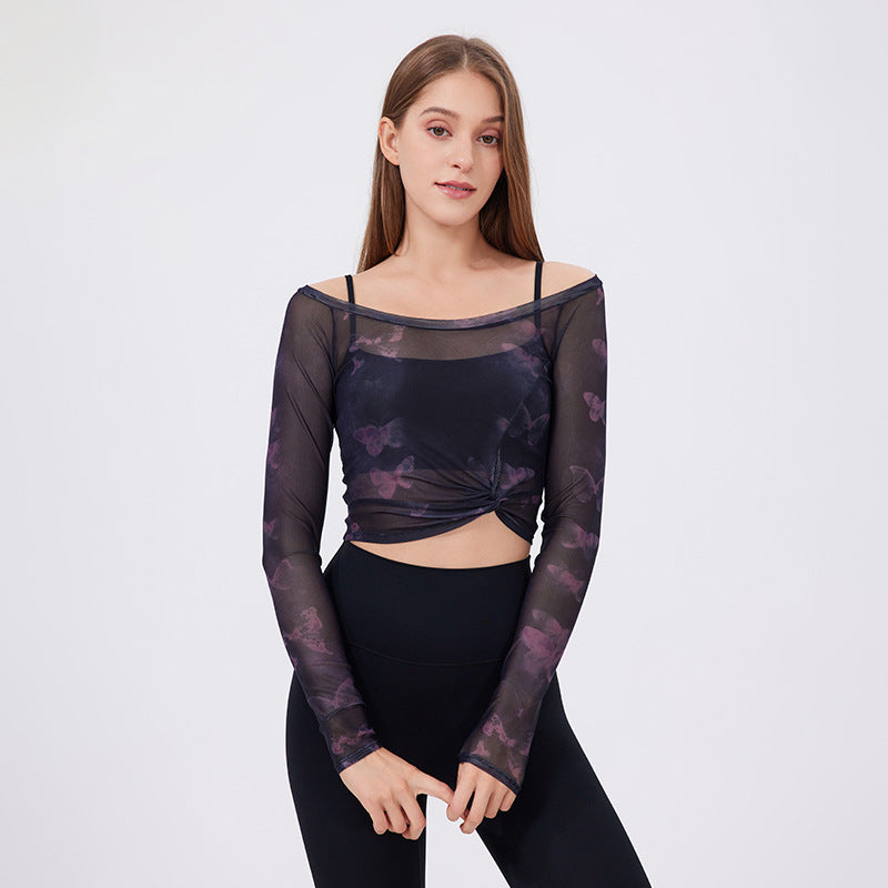 Lamshop flower butterfly fake two-piece sports T-shirt women's long sleeves, chest pad, yoga clothes, mesh top, quick-drying and thin fitness clothes